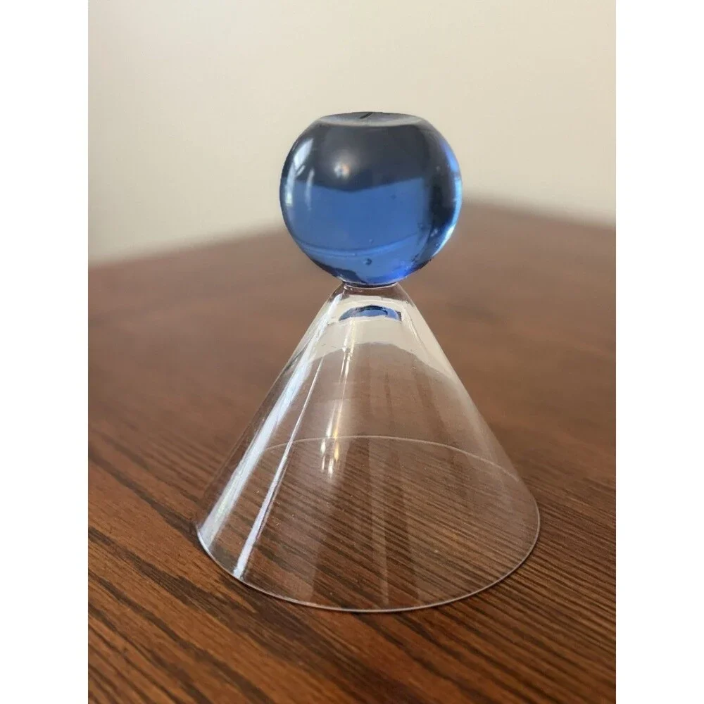 Set of 2 Post Modern Clear Glass Martini Glasses Blue & Amber Ball Base